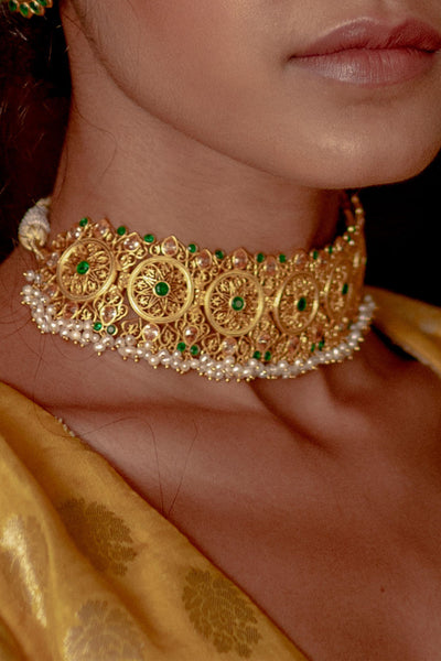 Zariin Green And Gold Handcrafted Choker Necklace festive fashion imitation jewellery online shopping melange singapore indian designer wear