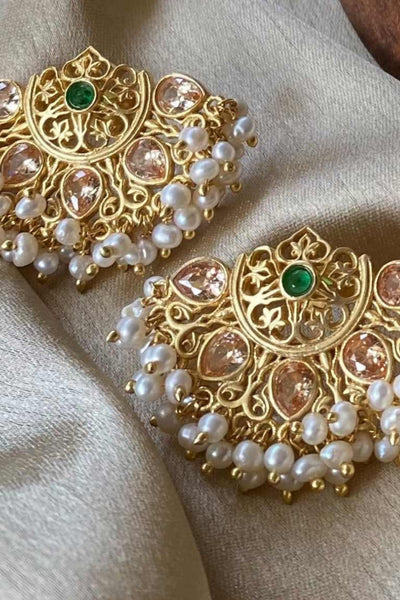 Zariin Green CZ Enameled With White Pearls Handcrafted Studs Earrings imitation fashion festive jewellery online shopping melange singapore indian designer wear