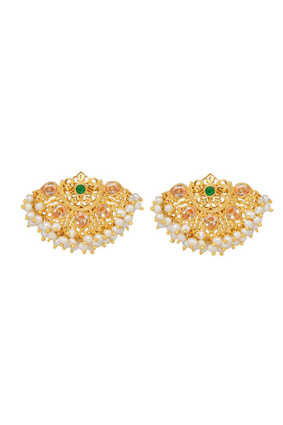 Zariin Green CZ Enameled With White Pearls Handcrafted Studs Earrings imitation fashion festive jewellery online shopping melange singapore indian designer wear