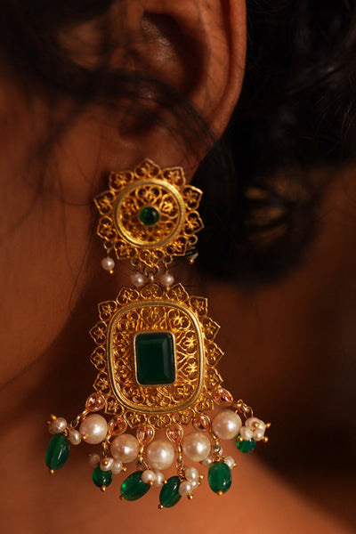 Zariin Green Gold Delicate filigree Handcrafted Dangler Earrings imitation fashion festive jewellery online shopping melange singapore indian designer wear