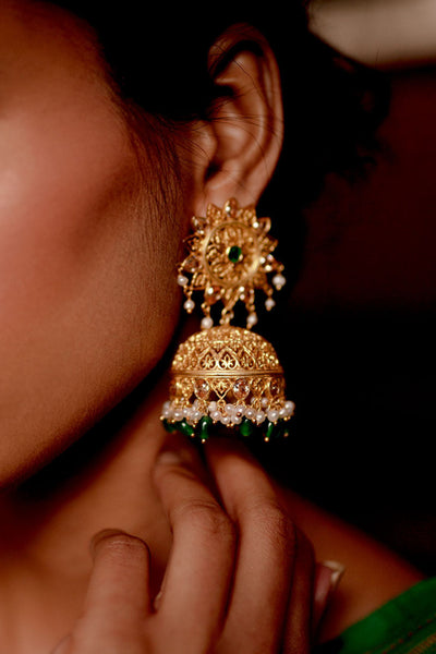 Zariin Green Gold Handcrafted Ethnic Jadau Jhumki Earrings imitation fashion festive jewellery online shopping melange singapore indian designer wear