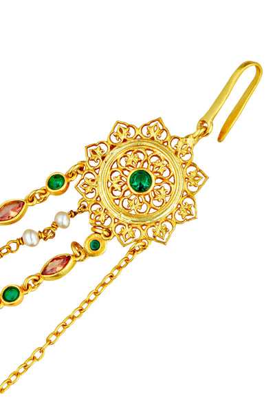 Zariin Green Gold Plated Handcrafted Jhumki Earrings with Earchains festive imitation fashion jewellery online shopping melange singapore indian designer wear