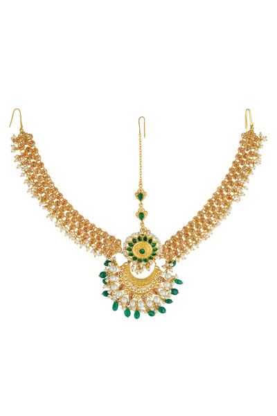 Zariin Green Gold Plated Handcrafted Mathapatti fashion imitation festive jewellery online shopping melange singapore indian designer wear