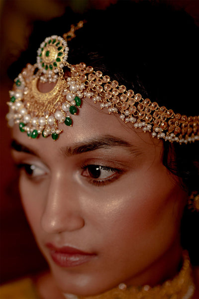Zariin Green Gold Plated Handcrafted Mathapatti fashion imitation festive jewellery online shopping melange singapore indian designer wear