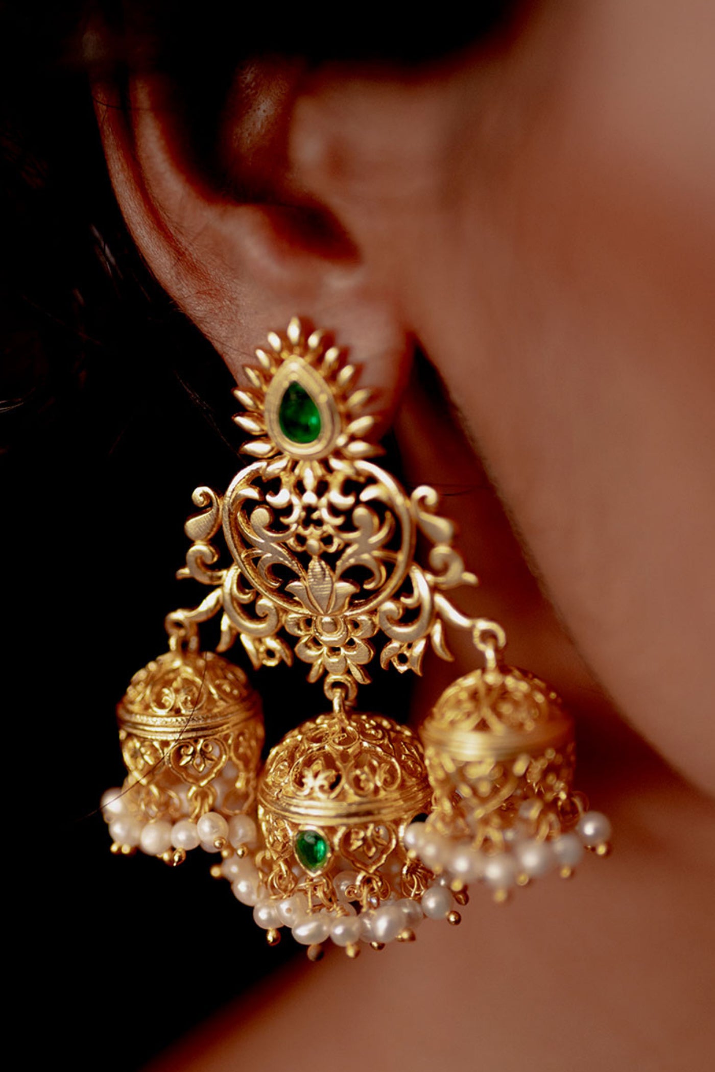 Zariin Green White Pearls Filigree Gold Plated Jhumki Earrings fashion imitation festive jewellery online shopping melange singapore indian designer wear