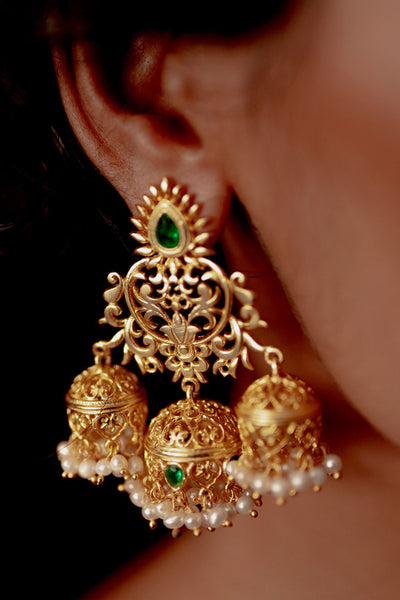 Zariin Green White Pearls Filigree Gold Plated Jhumki Earrings fashion imitation festive jewellery online shopping melange singapore indian designer wear