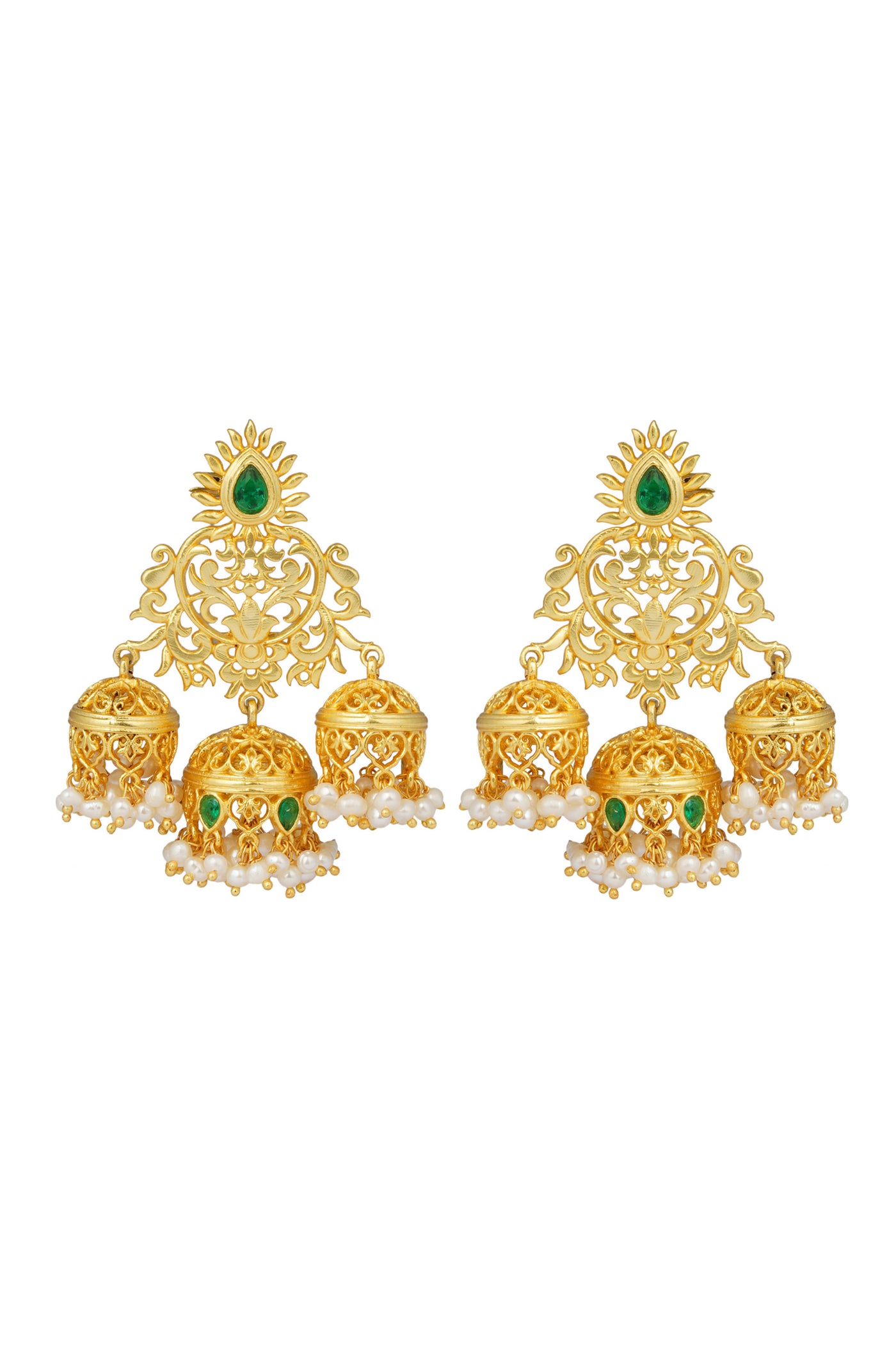 Zariin Green White Pearls Filigree Gold Plated Jhumki Earrings fashion imitation festive jewellery online shopping melange singapore indian designer wear