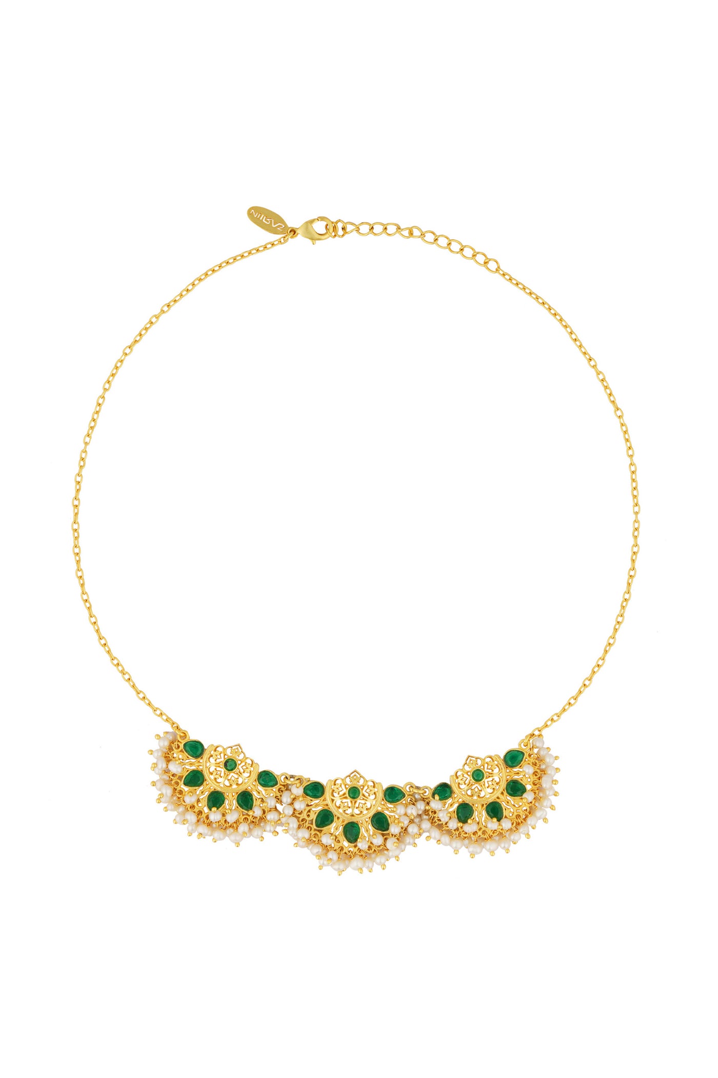 Zariin Green White Pearls Filigree Jaali Gold Plated Necklace festive imitation fashion jewellery online shopping melange singapore indian designer wear