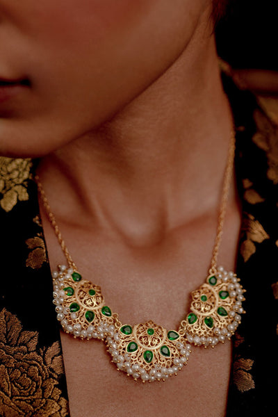 Zariin Green White Pearls Filigree Jaali Gold Plated Necklace festive imitation fashion jewellery online shopping melange singapore indian designer wear