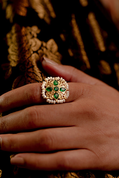 Zariin White Pearls Gold Plated Handcrafted Adjustable Ring festive fashion imitation jewellery online shopping melange singapore indian designer wear