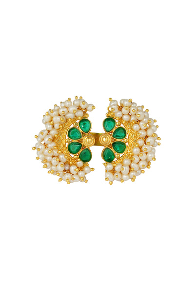 Zariin Green White Pearls Gold Plated Handcrafted Adjustable Ring fashion festive imitation jewellery online shopping melange singapore indian designer wear