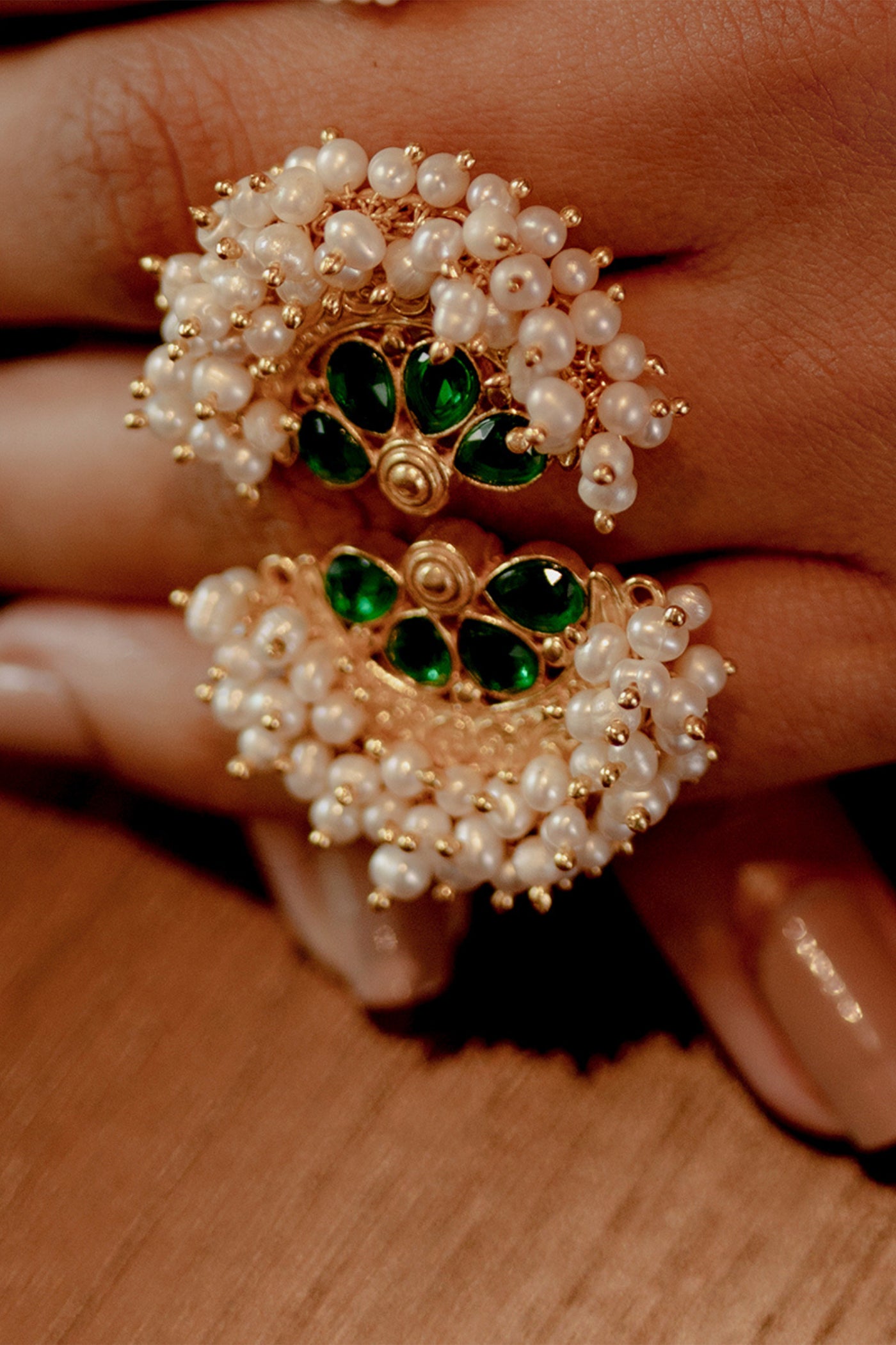 Zariin Green White Pearls Gold Plated Handcrafted Adjustable Ring fashion festive imitation jewellery online shopping melange singapore indian designer wear