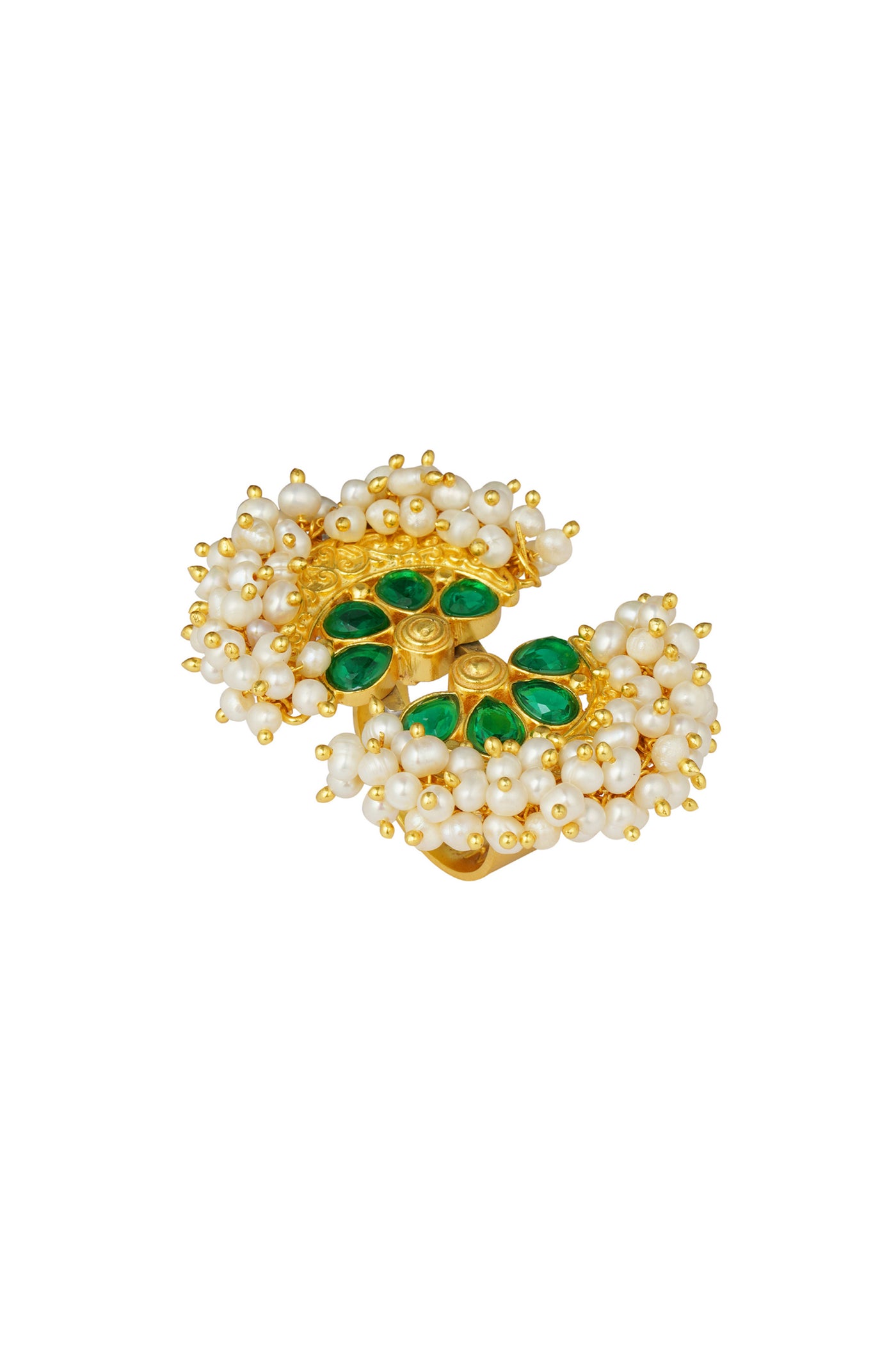 Zariin Green White Pearls Gold Plated Handcrafted Adjustable Ring fashion festive imitation jewellery online shopping melange singapore indian designer wear