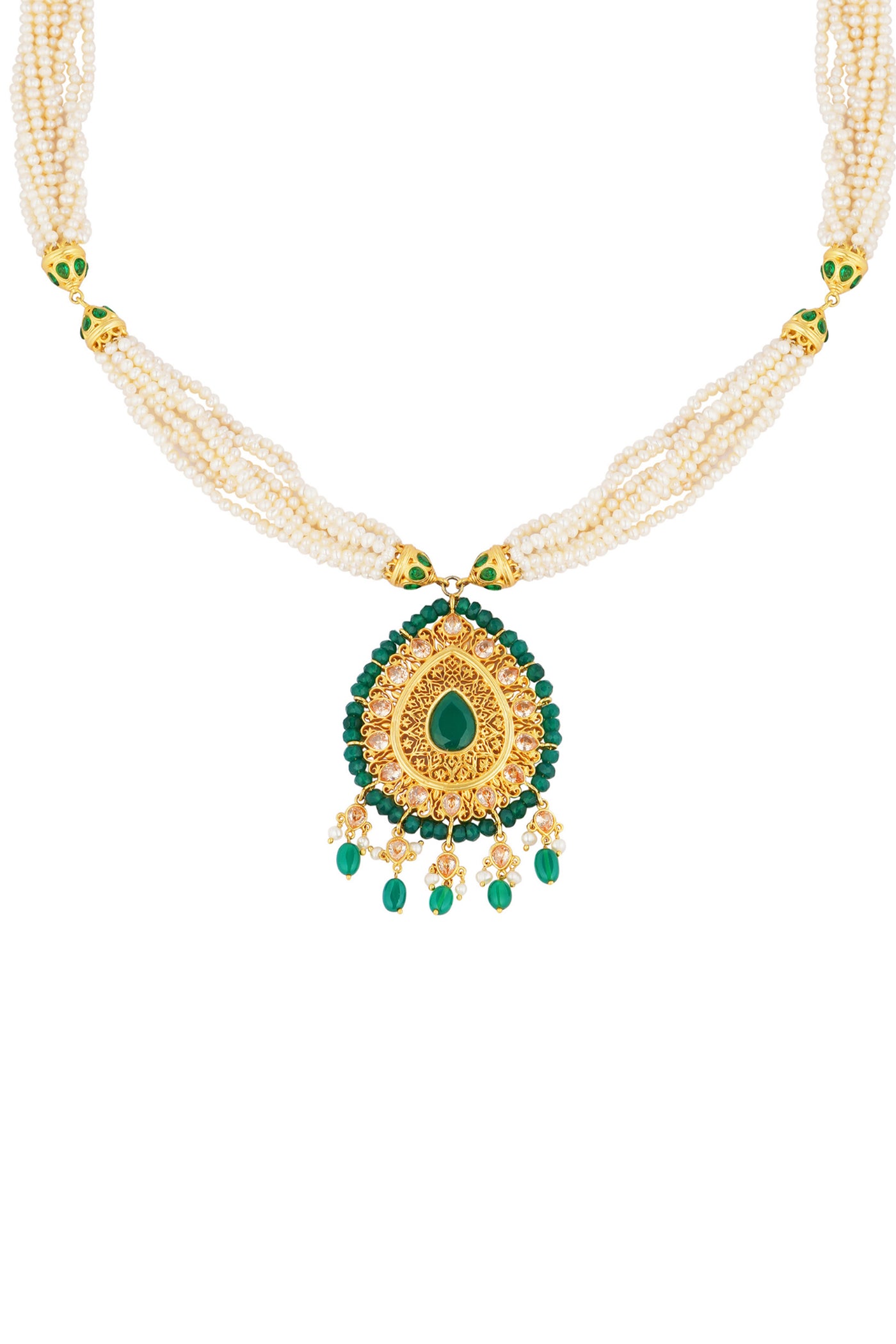 Zariin Green White Pearls Gold Plated Handcrafted Long Necklace festive imitation fashion jewellery online shopping melange singapore indian designer wear