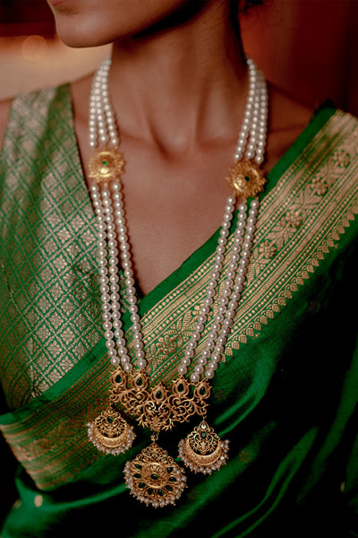 Zariin Green White Pearls Gold Plated Handcrafted Long Necklace festive fashion imitation jewellery online shopping melange singapore indian designer wear