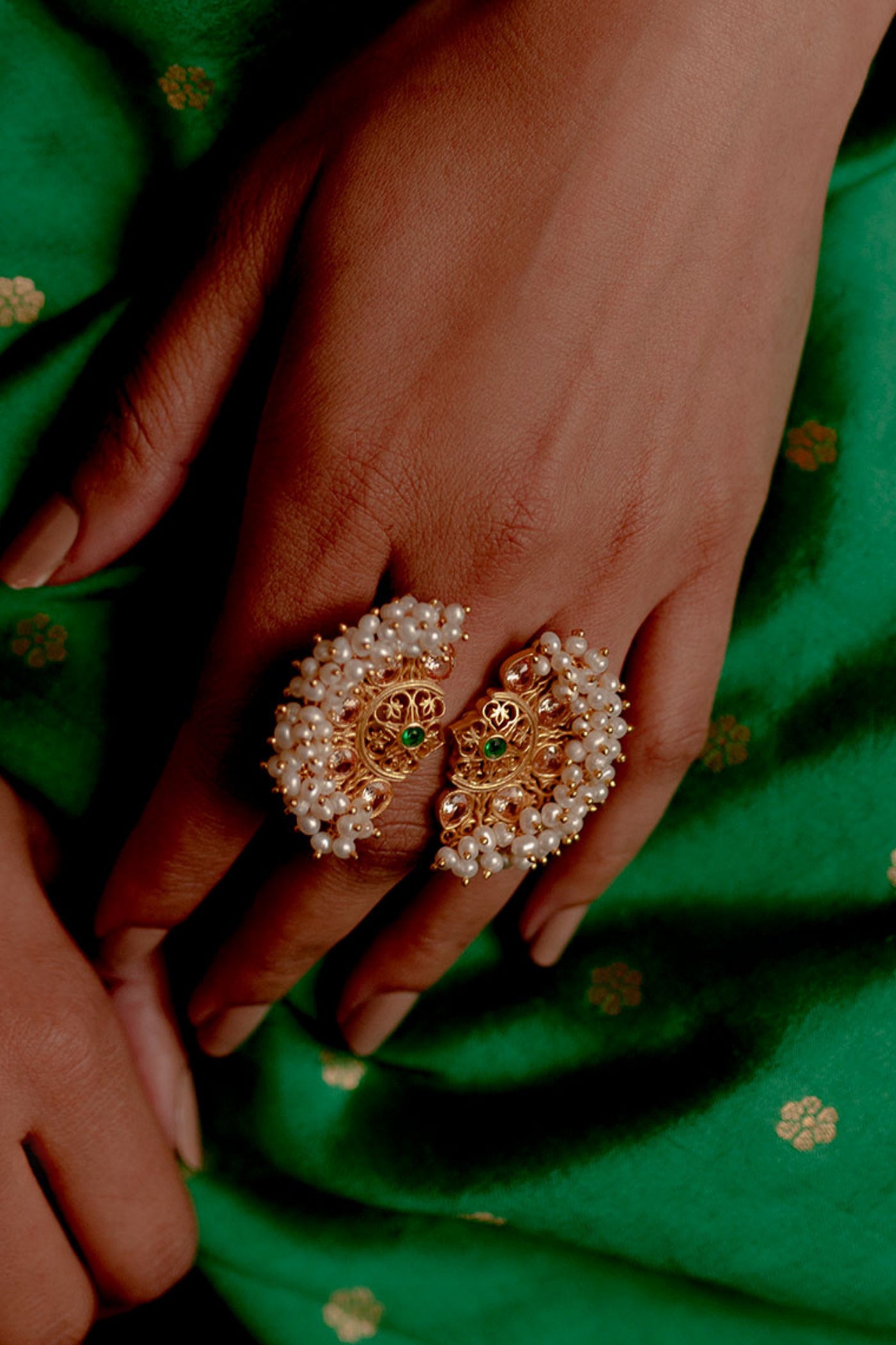 Zariin Green White Pearls Gold Plated Adjustable Ring fashion imitation festive jewellery online shopping melange singapore indian designer wear
