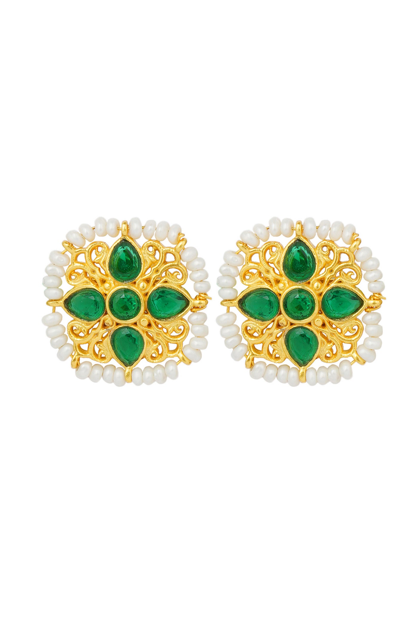 Zariin Green White Pearls Gold Plated Handcrafted Studs Earrings imitation fashion festive jewellery online shopping melange singapore indian designer wear