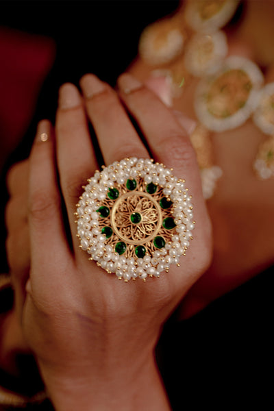 Zariin Green Pearls Gold Plated Handcrafted Adjustable Ring fashion imitation jewellery festive online shopping melange singapore indian designer wear