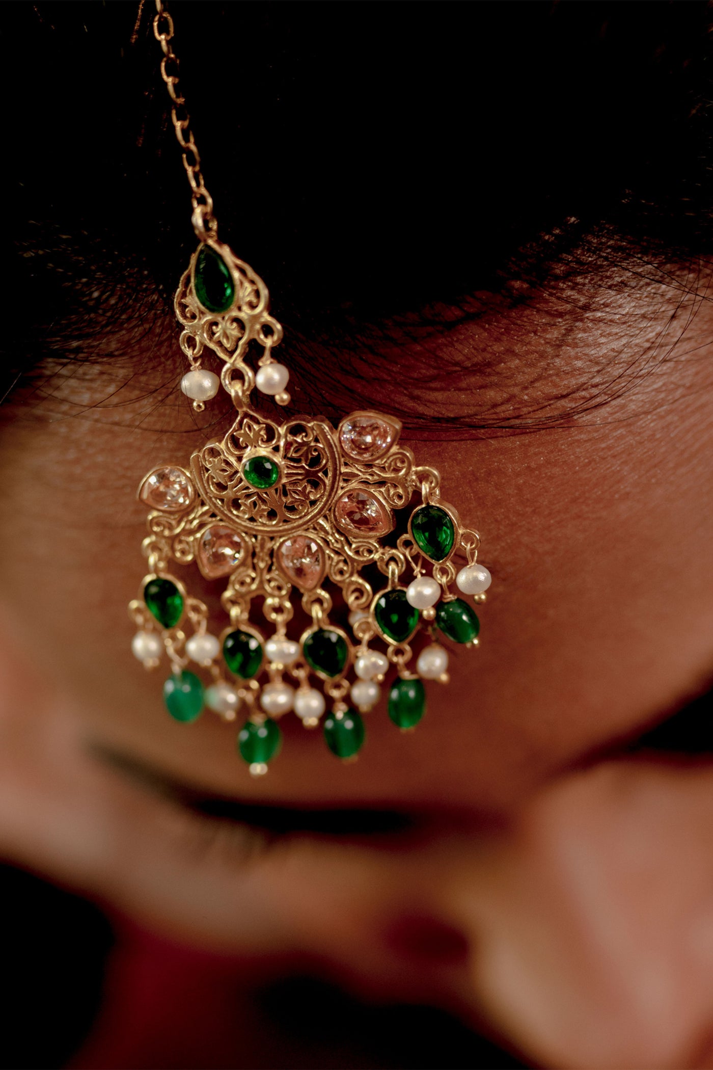 Zariin Traditional Green White Pearls Gold Plated Handcrafted Maangtika festive fashion imitation jewellery online shopping melange singapore indian designer wear