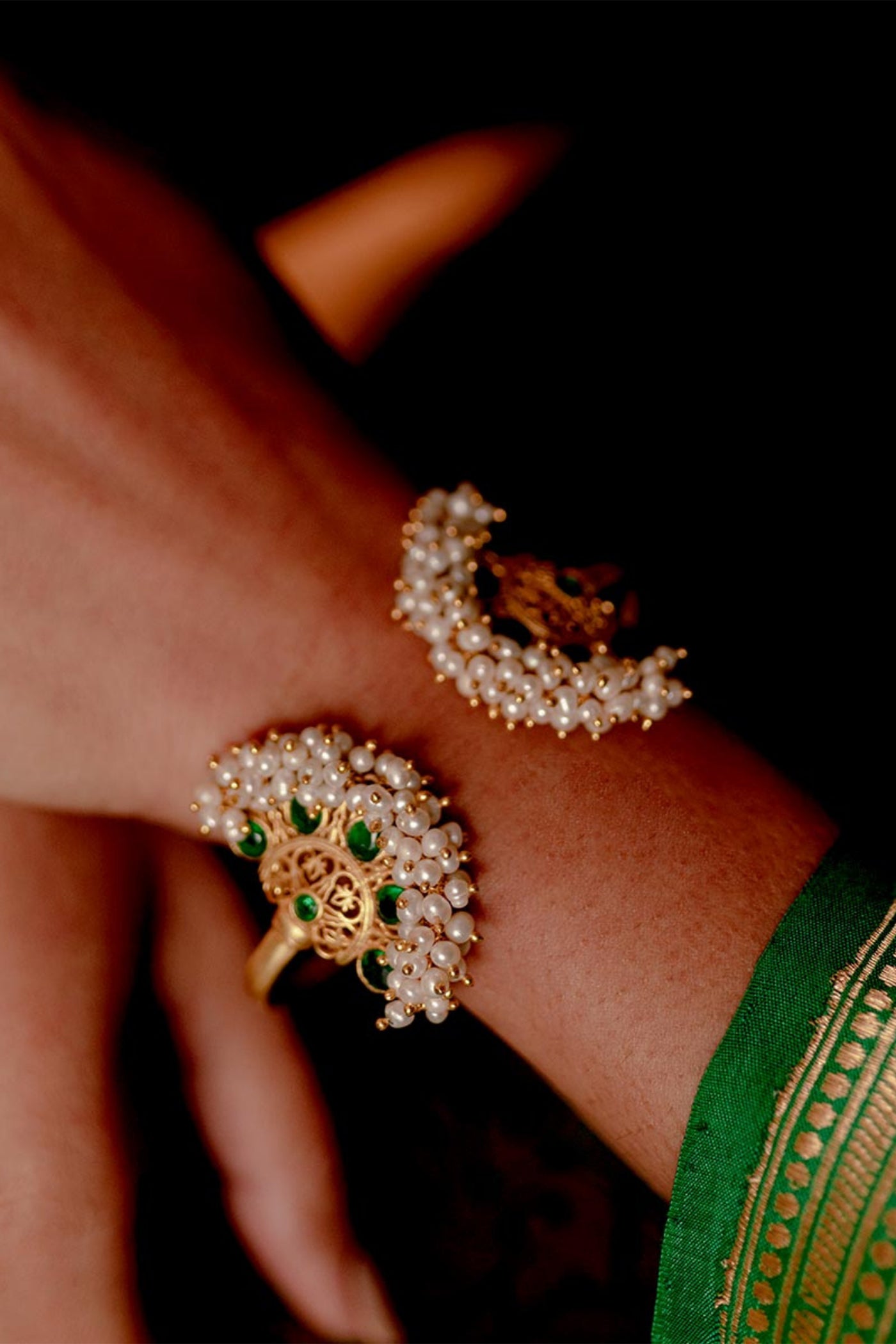 Zariin White Green Gold Plated Handcrafted Pearls Bangle fashion imitation festive jewellery online shopping melange singapore indian designer wear