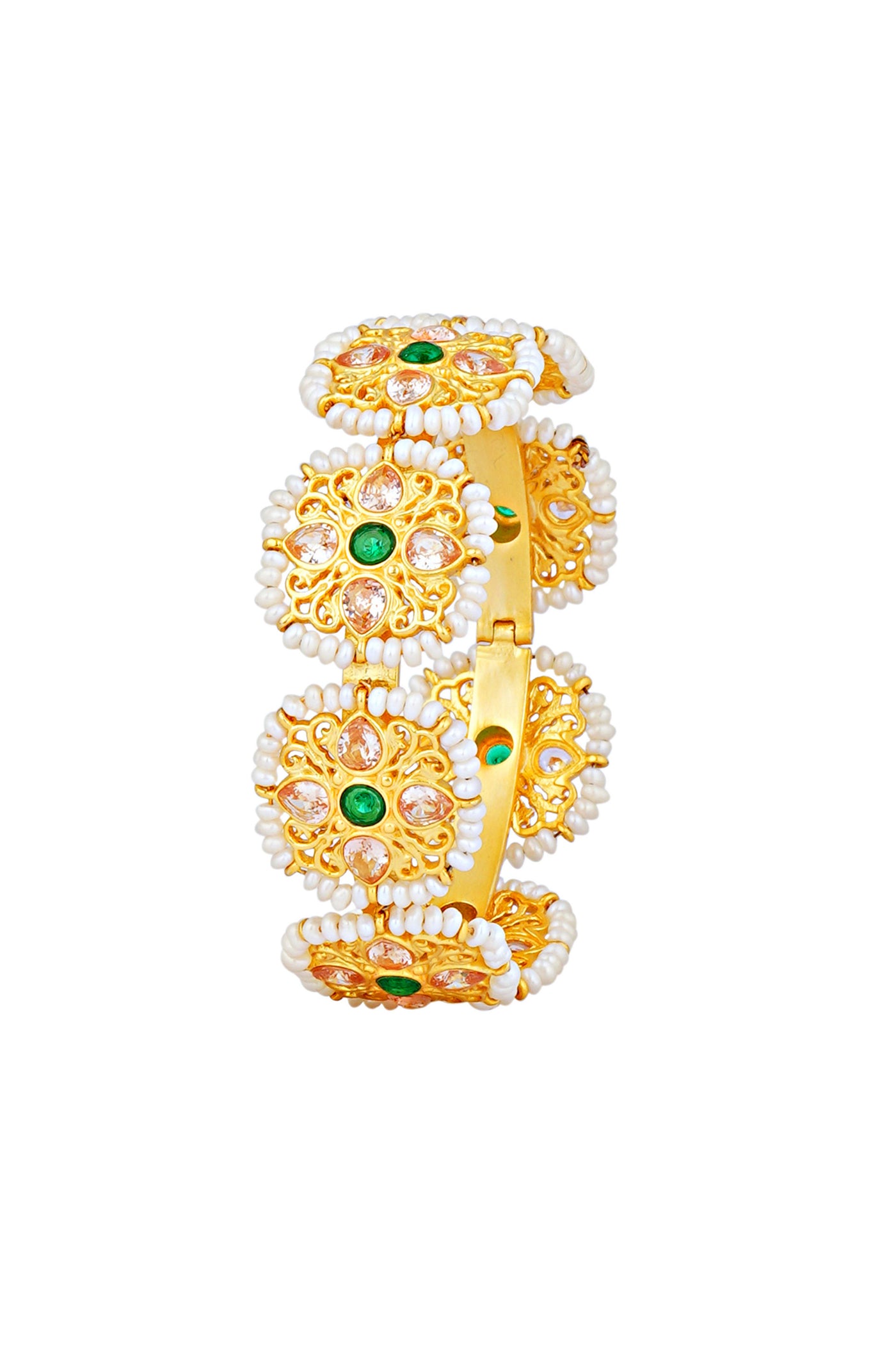 Zariin White Green Gold Plated Handcrafted Pearls Bangle fashion festive imitation jewellery online shopping melange singapore indian designer wear