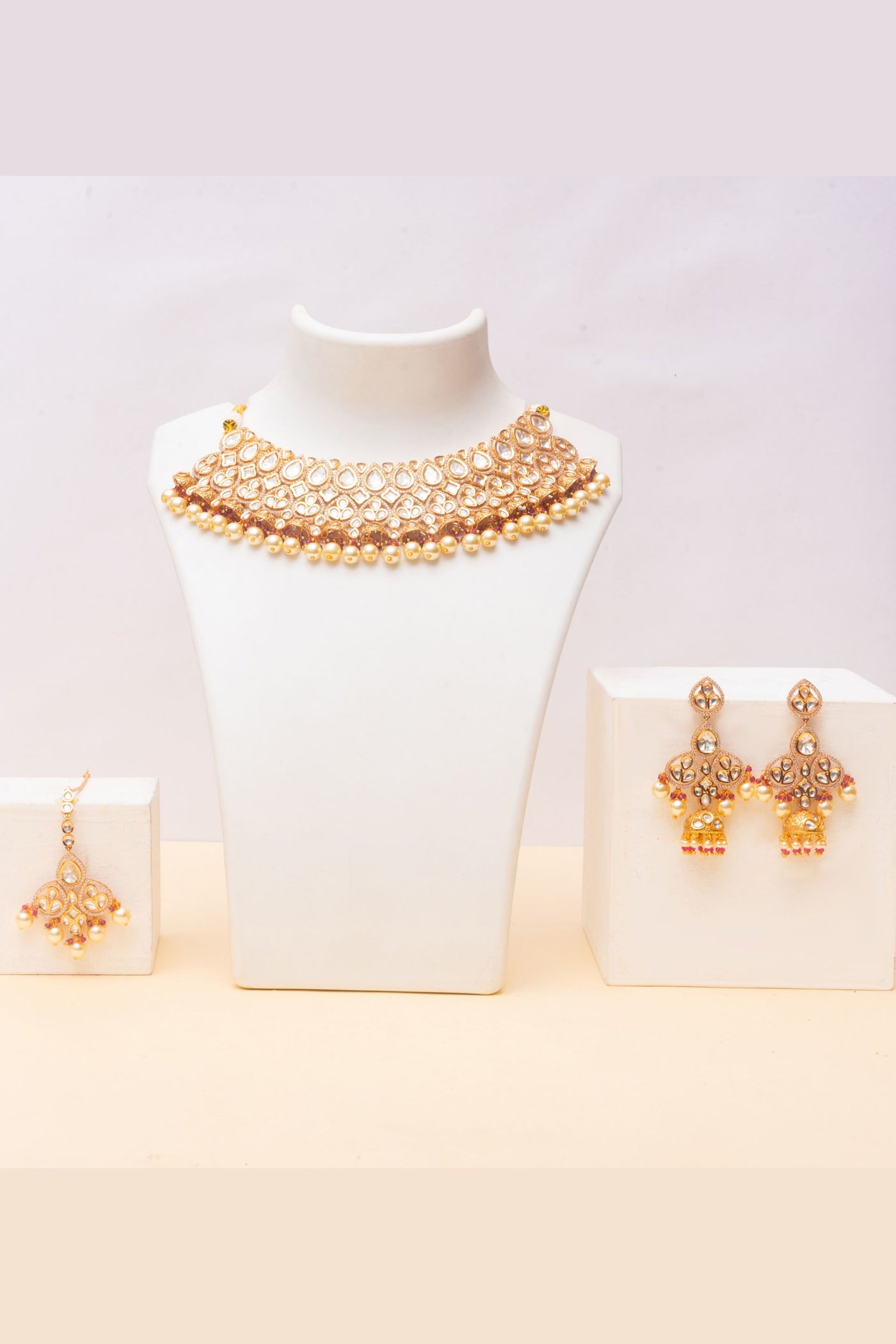 Kundan Necklace Set With Red Kundan and Pearls fashion jewellery online shopping melange singapore indian designer wear