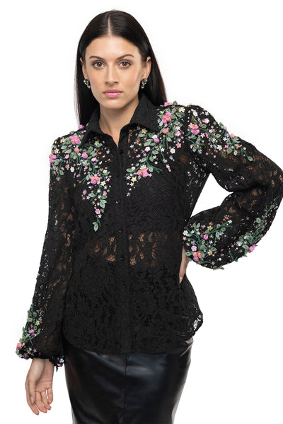 Gaya Black sheer lacy embroidered shirt western indian designer wear online shopping melange singapore