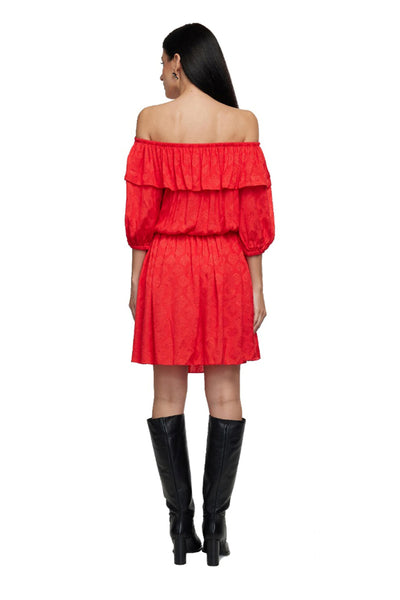 gaya Red Off-shoulder smocked waist short dress red western indian designer wear online shopping melange singapore