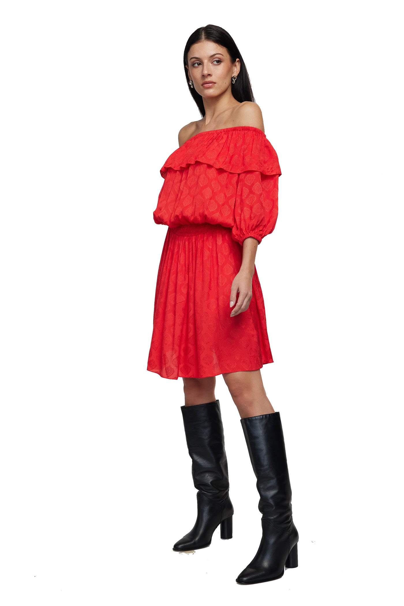 gaya Red Off-shoulder smocked waist short dress red western indian designer wear online shopping melange singapore