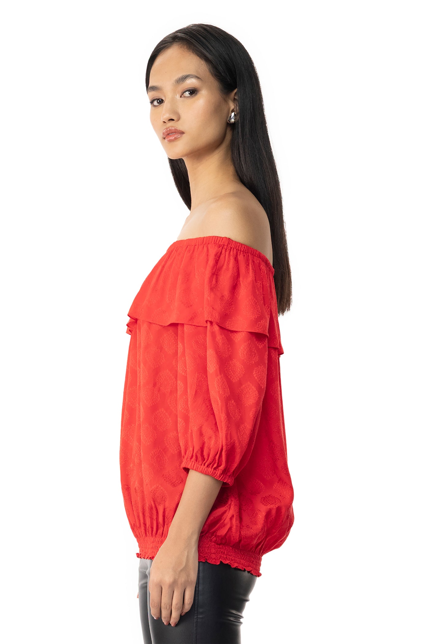 gaya Red off-shoulder smocked hem blouson top western indian designer wear online shopping melange singapore