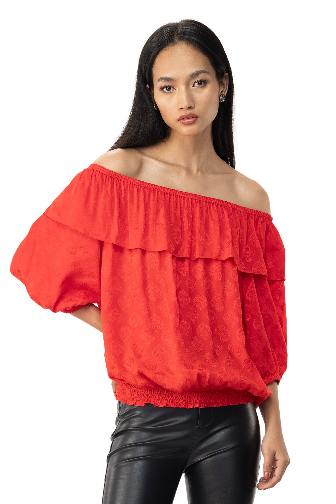 gaya Red off-shoulder smocked hem blouson top western indian designer wear online shopping melange singapore