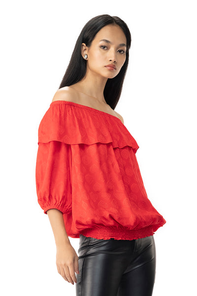 gaya Red off-shoulder smocked hem blouson top western indian designer wear online shopping melange singapore