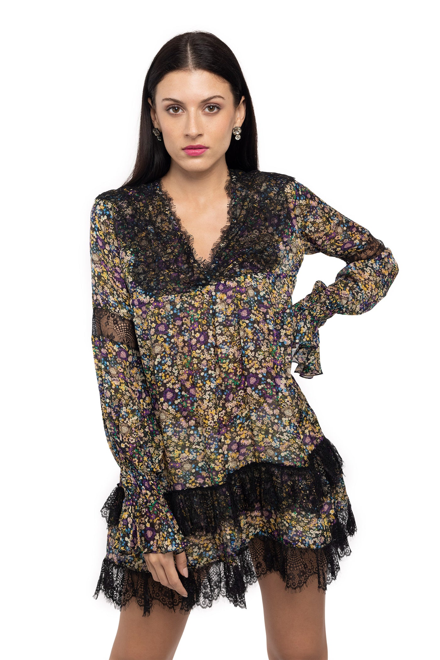 Gaya Printed dress with lace details multi color western indian designer wear online shopping melange singapore