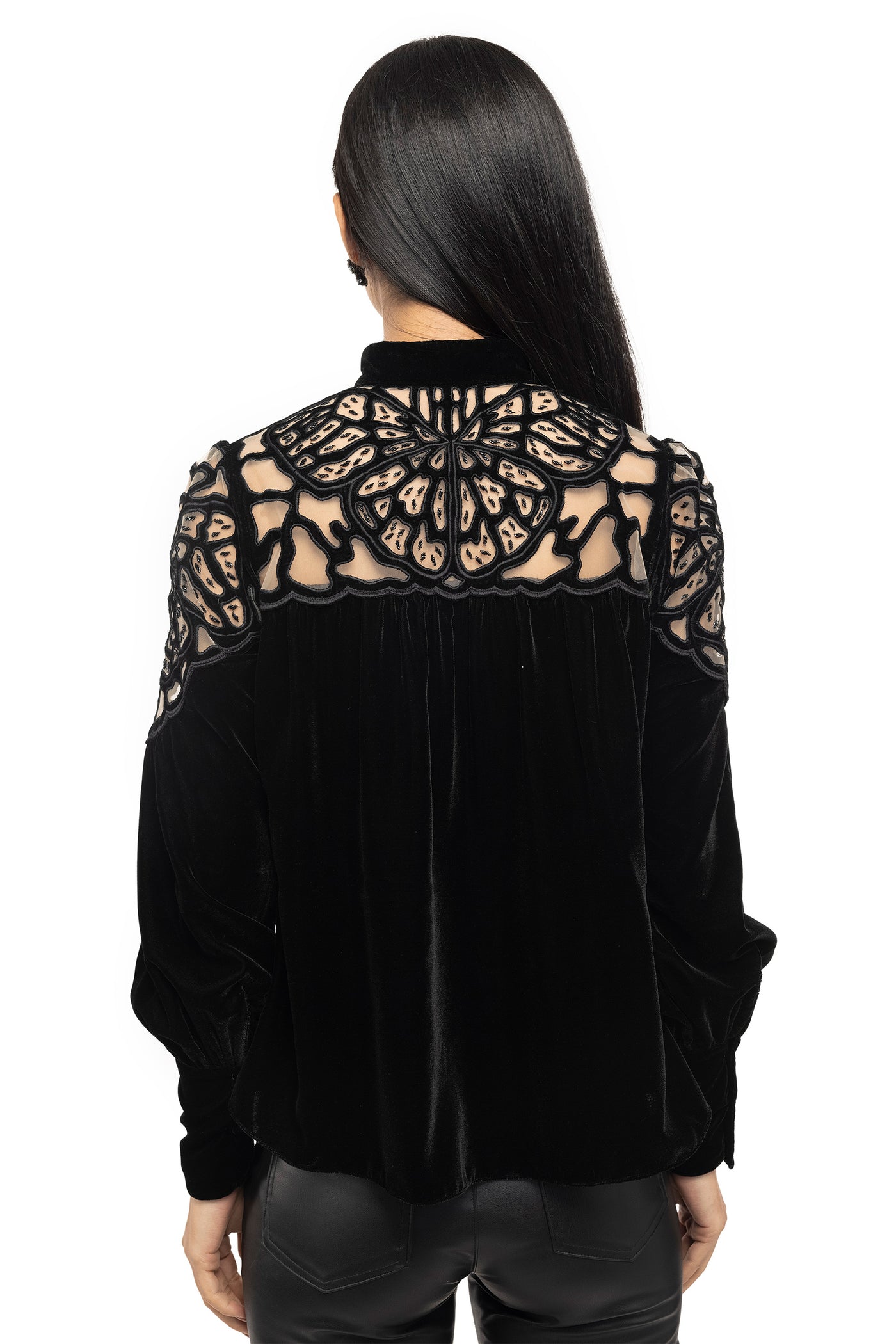 Gaya Black velvet semi-sheer cut-out blouson shirt western indian designer wear online shopping melange singapore