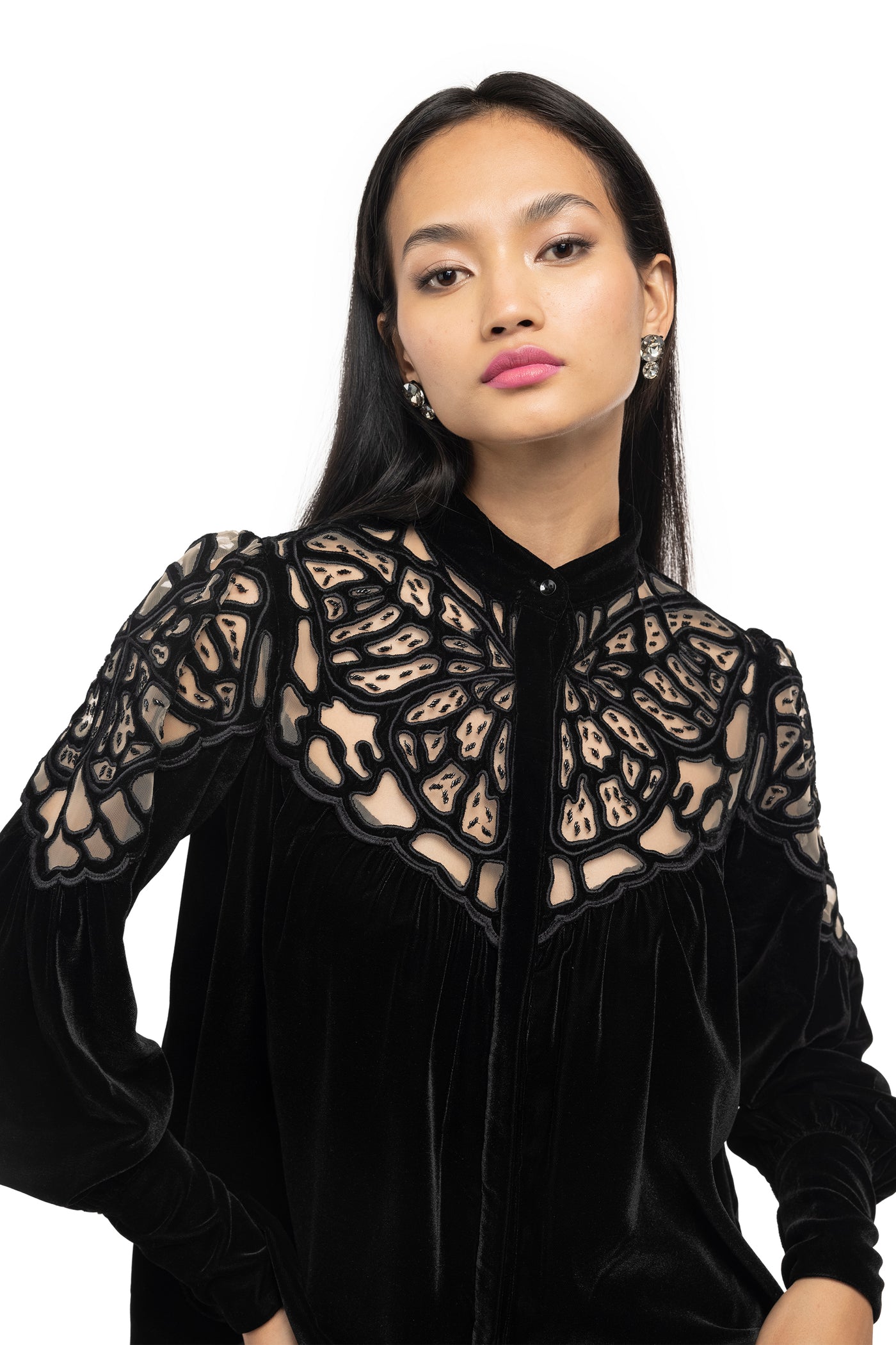 Gaya Black velvet semi-sheer cut-out blouson shirt western indian designer wear online shopping melange singapore