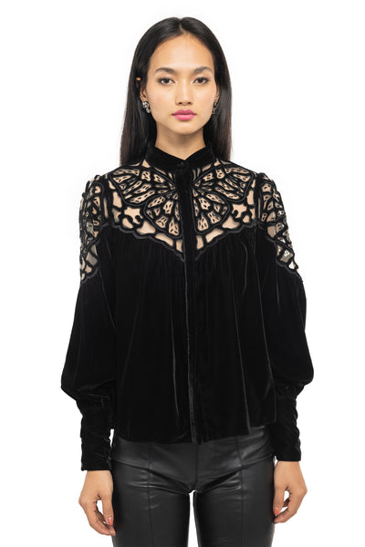 Gaya Black velvet semi-sheer cut-out blouson shirt western indian designer wear online shopping melange singapore