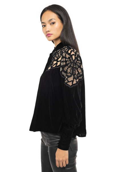 Gaya Black velvet semi-sheer cut-out blouson shirt western indian designer wear online shopping melange singapore