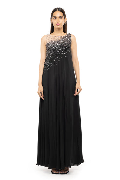 Gaya Black semi-sheer beaded maxi dress western indian designer wear online shopping melange singapore