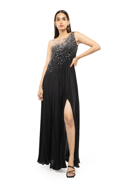 Gaya Black semi-sheer beaded maxi dress western indian designer wear online shopping melange singapore