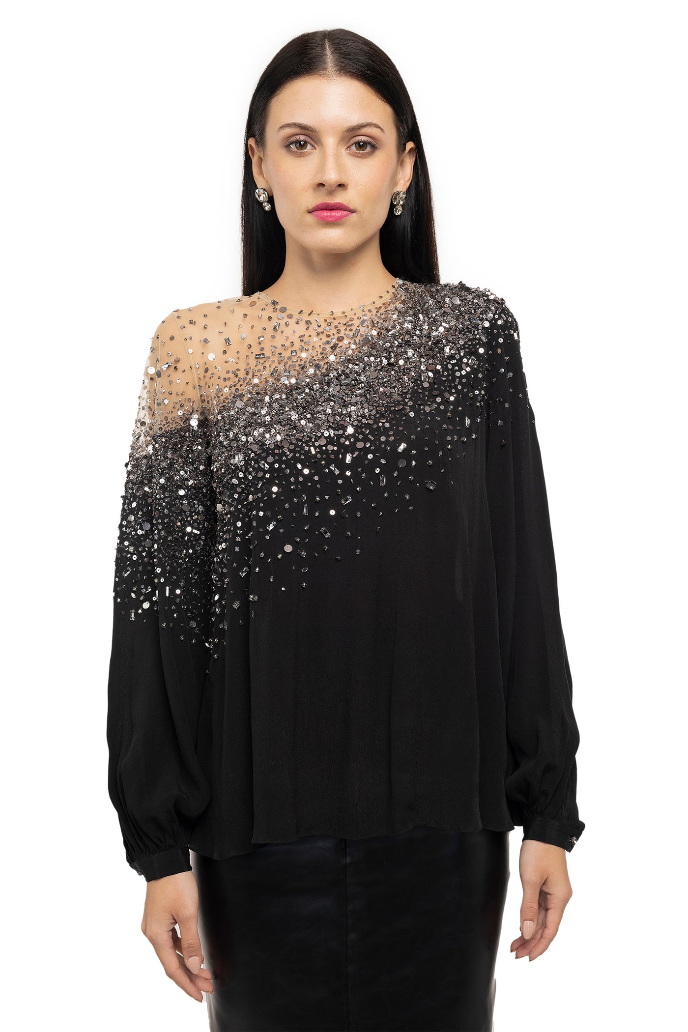 Gaya Black semi-sheer beaded top western indian designer wear online shopping melange singapore