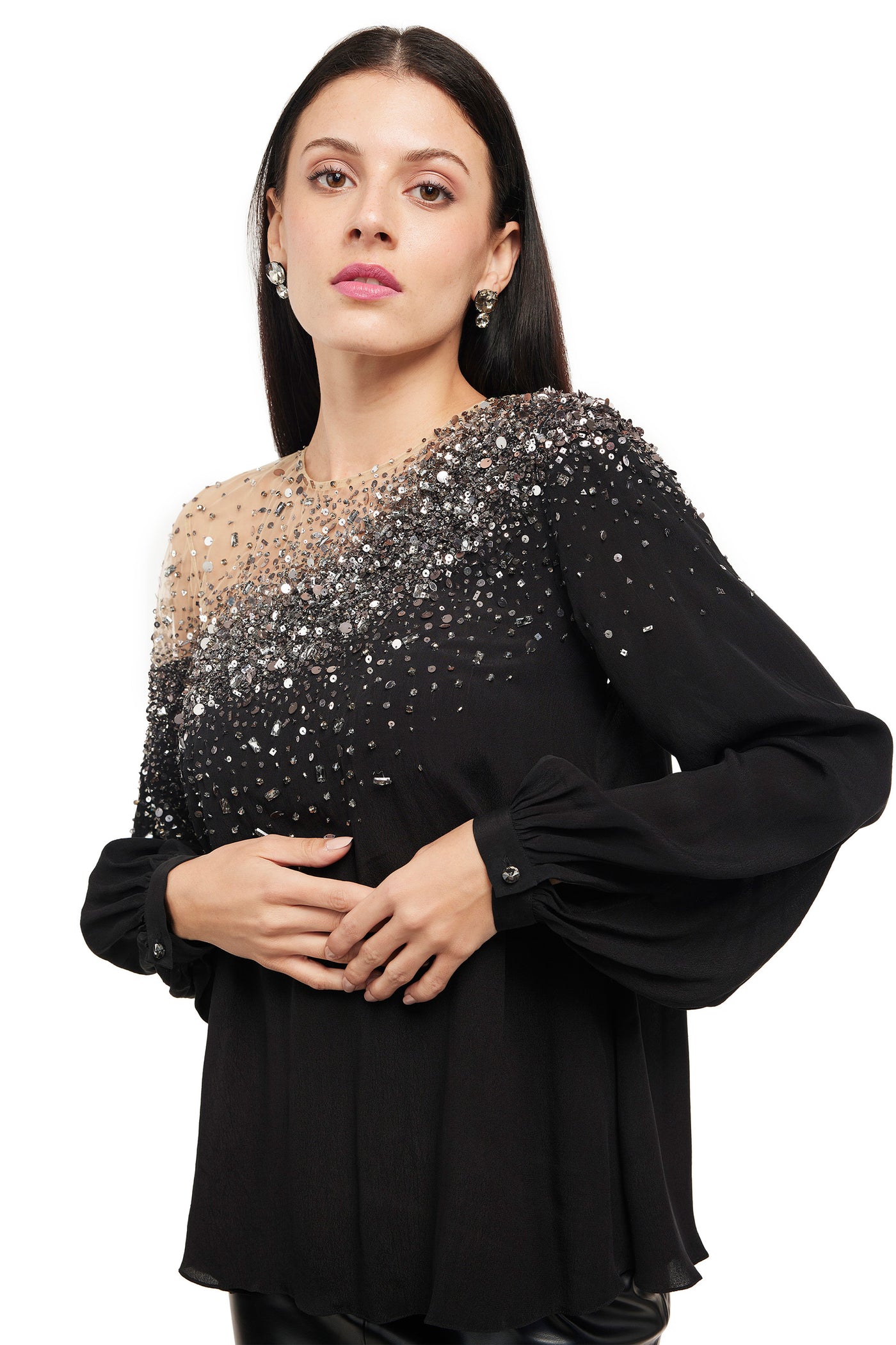 Gaya Black semi-sheer beaded top western indian designer wear online shopping melange singapore