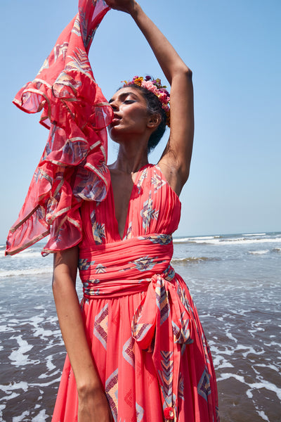 Gopi vaid lia sleeveless maxi dress coral Indian designer wear online shopping melange singapore