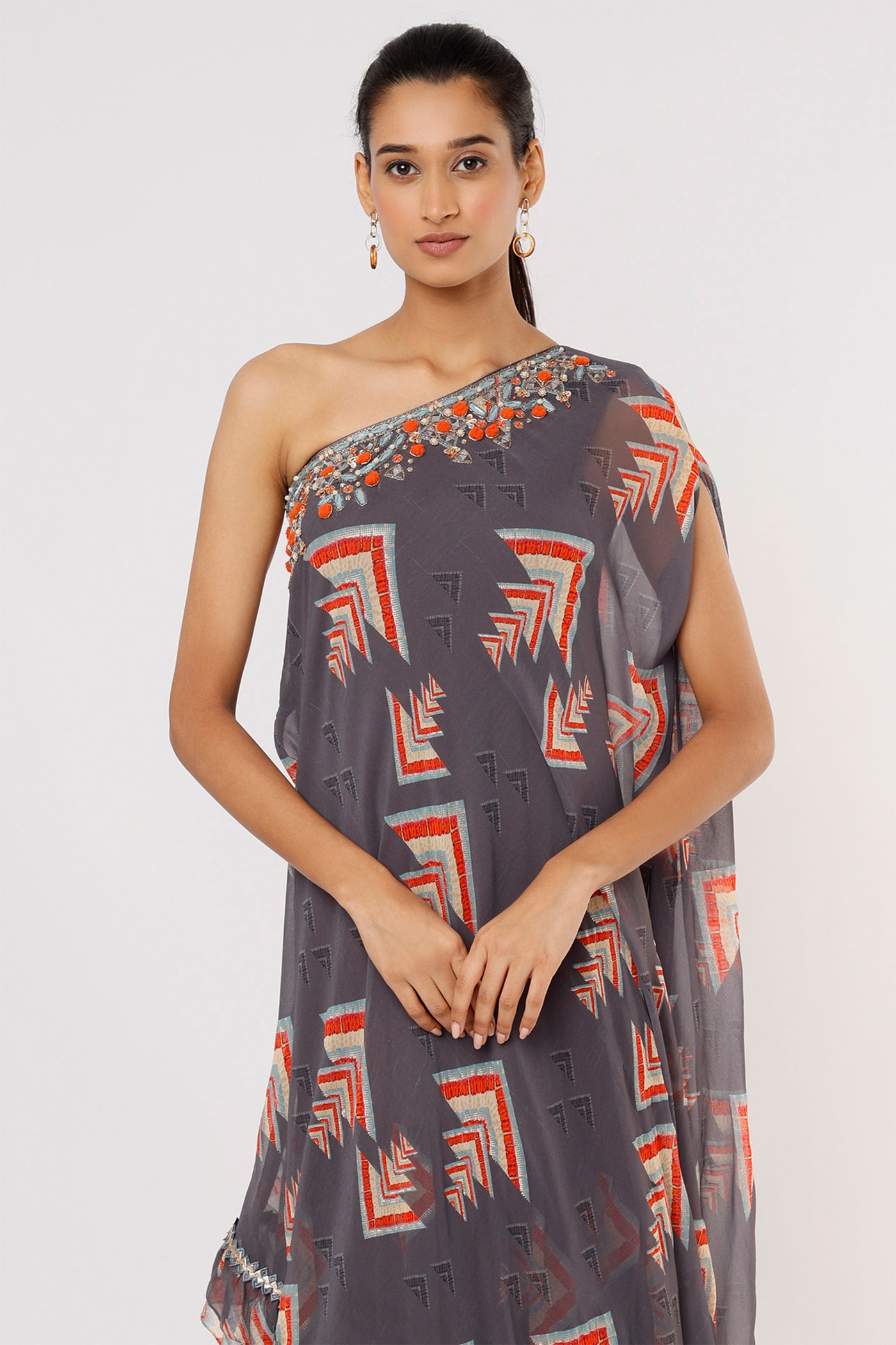Gopi vaid Daphne One Shoulder Gown grey festive Indian designer wear online shopping melange singapore