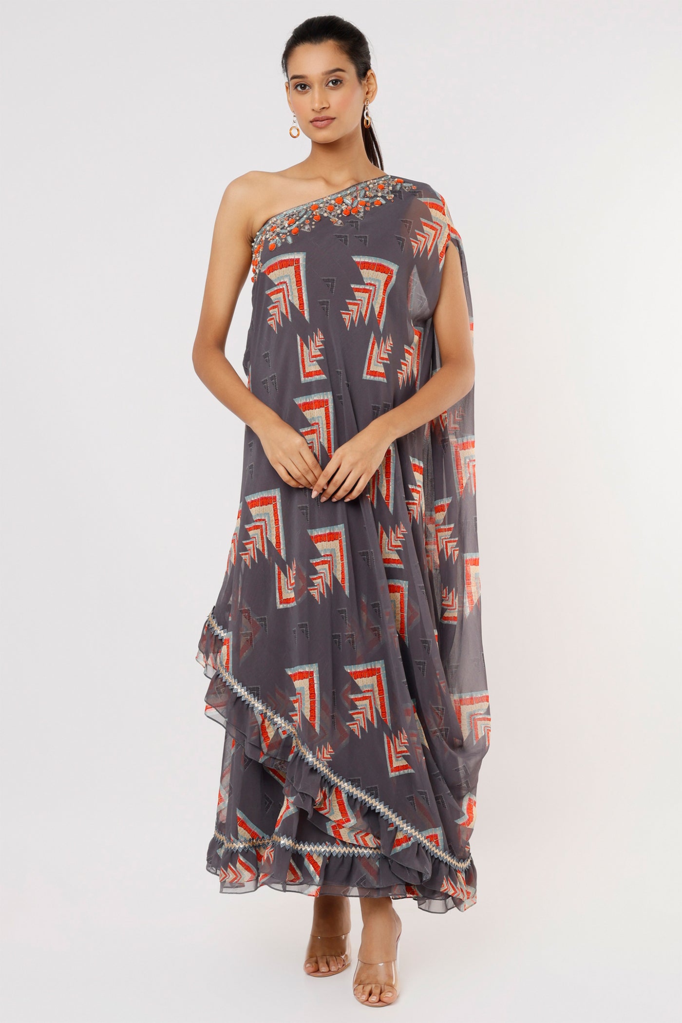 Gopi vaid Daphne One Shoulder Gown grey festive Indian designer wear online shopping melange singapore