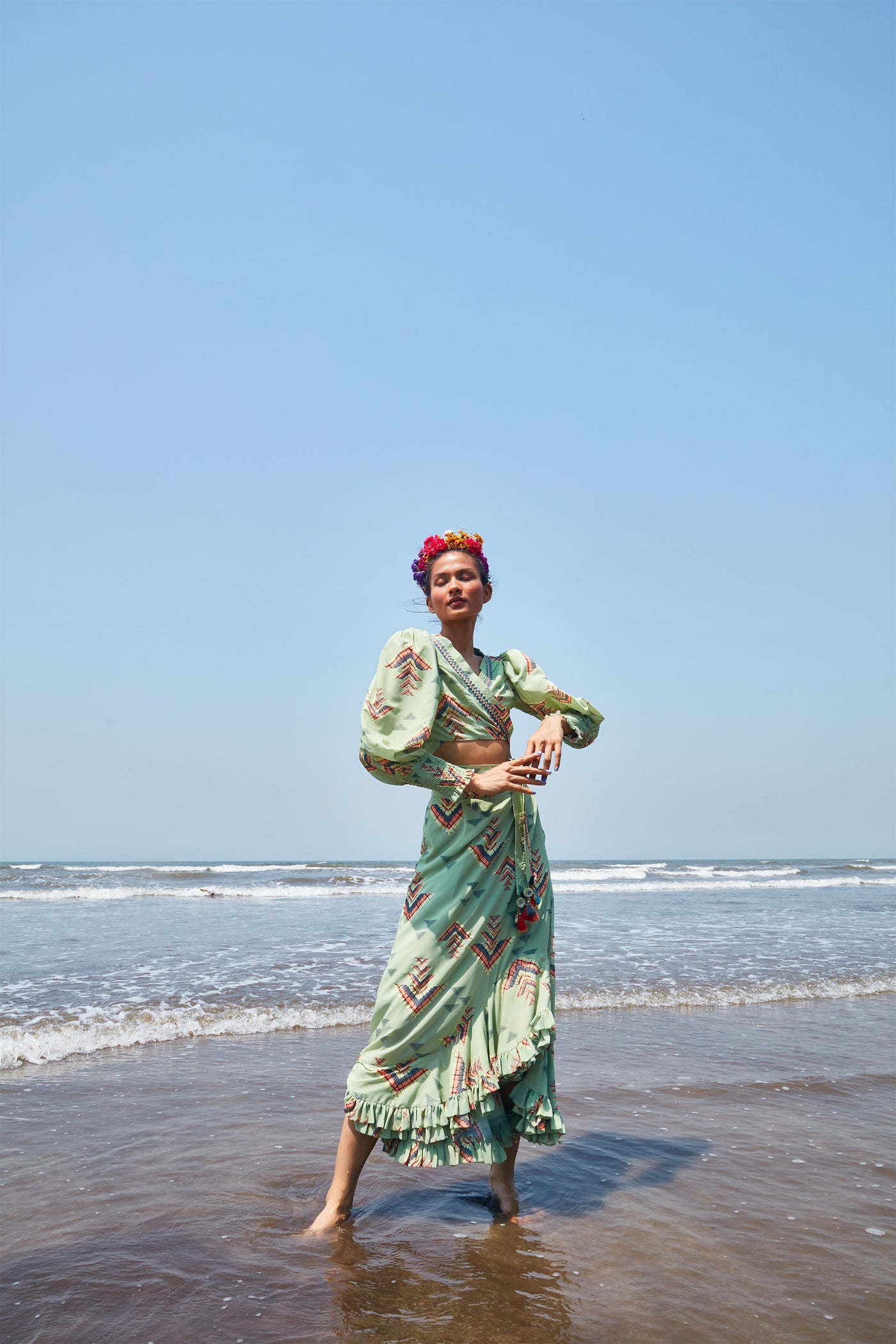 Gopi vaid donna frill skirt with wrap shirt sea green Indian designer wear online shopping melange singapore