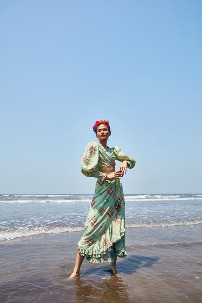 Gopi vaid donna frill skirt with wrap shirt sea green Indian designer wear online shopping melange singapore