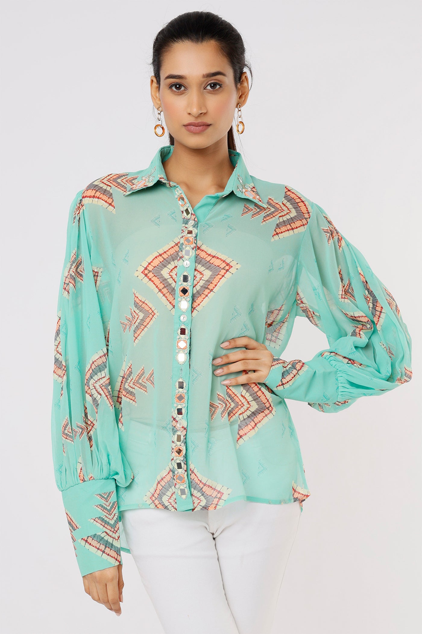 Gopi vaid Delou Full Sleeves Shirt aqua blue festive Indian designer wear online shopping melange singapore