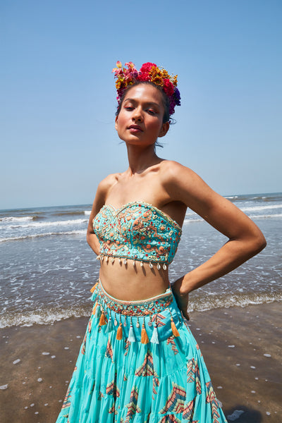 Gopi vaid eve tiered skirt with bustier aqua festive Indian designer wear online shopping melange singapore