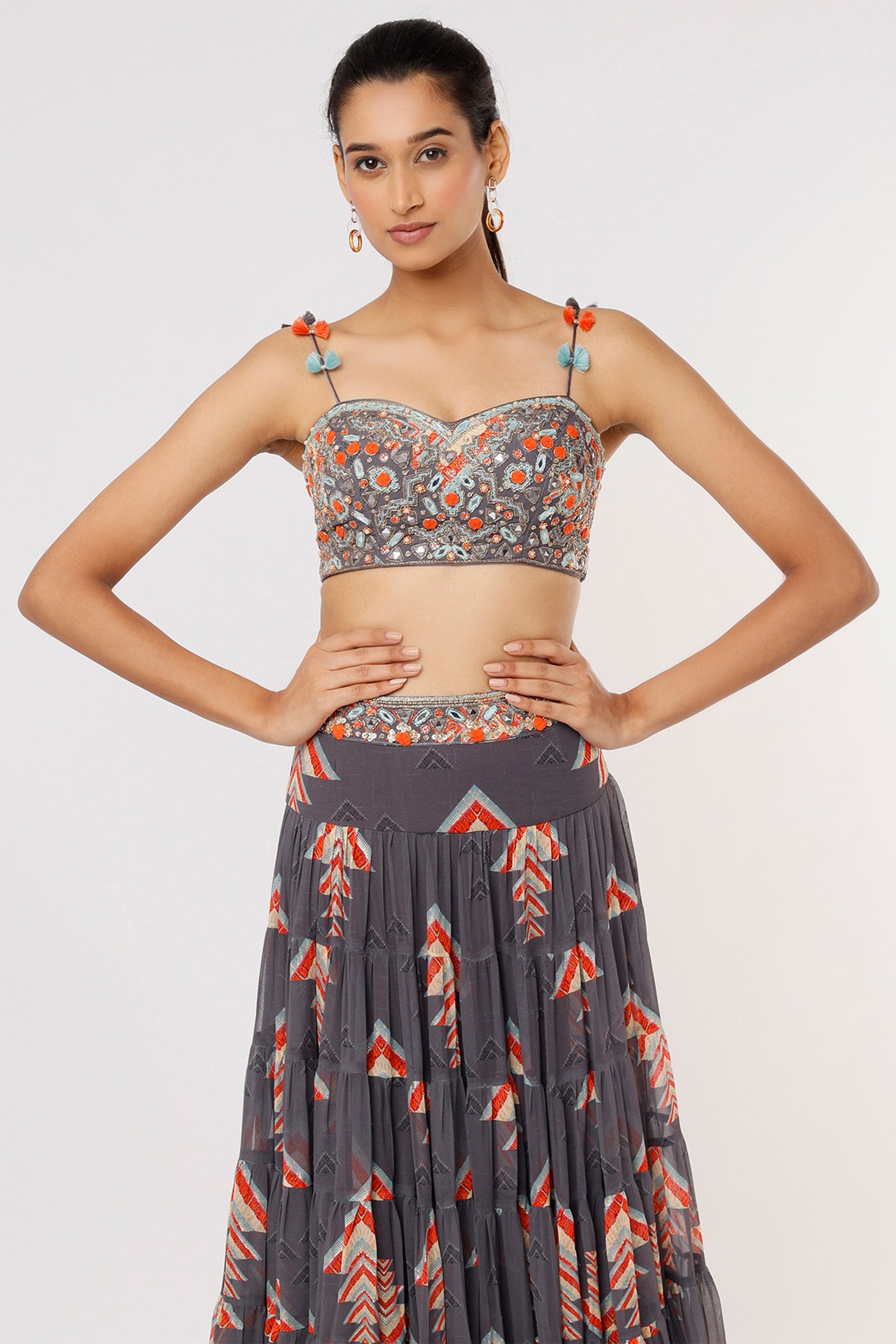 Gopi vaid Eve Tiered Skirt With Bustier grey festive Indian designer wear online shopping melange singapore