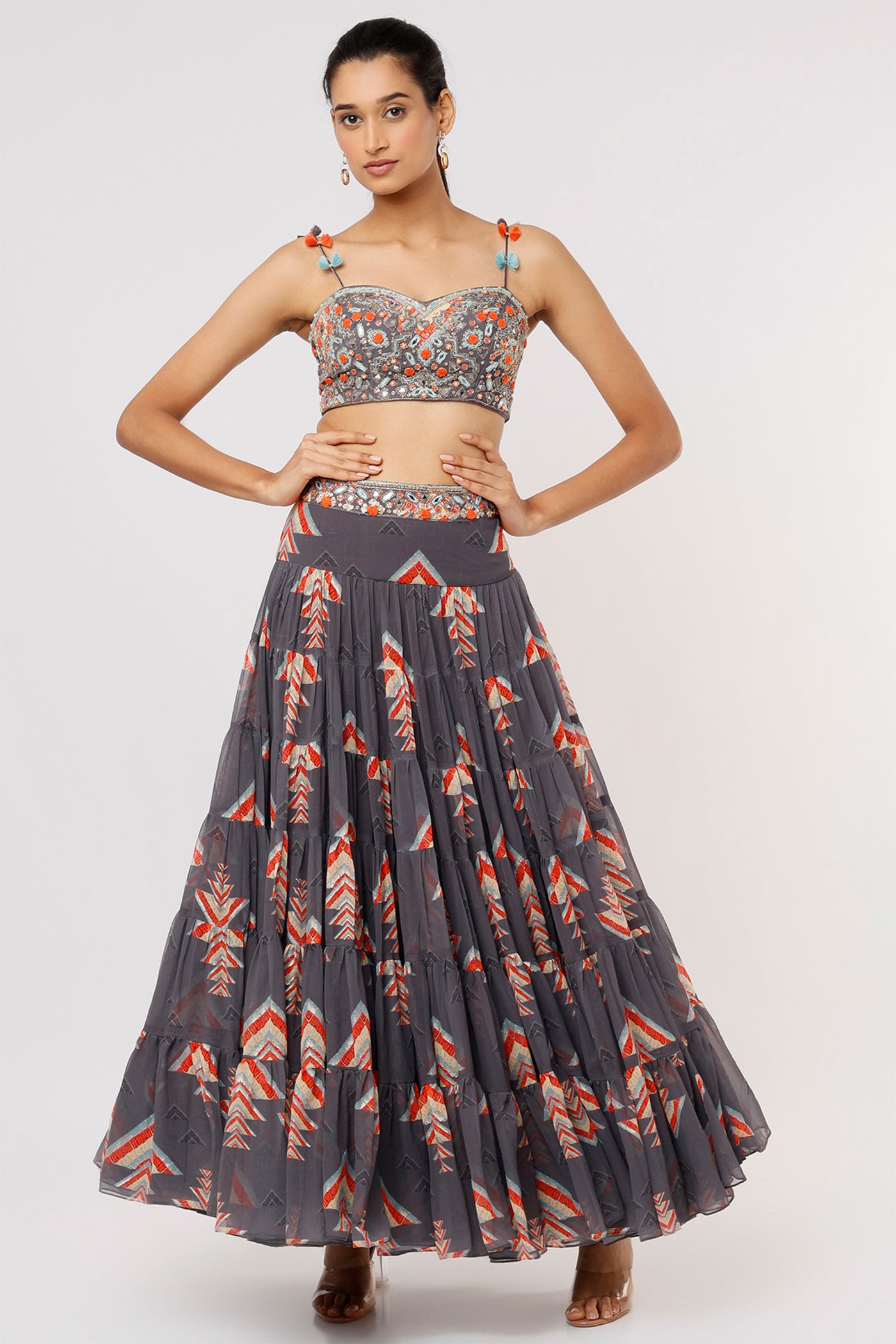 Gopi vaid Eve Tiered Skirt With Bustier grey festive Indian designer wear online shopping melange singapore